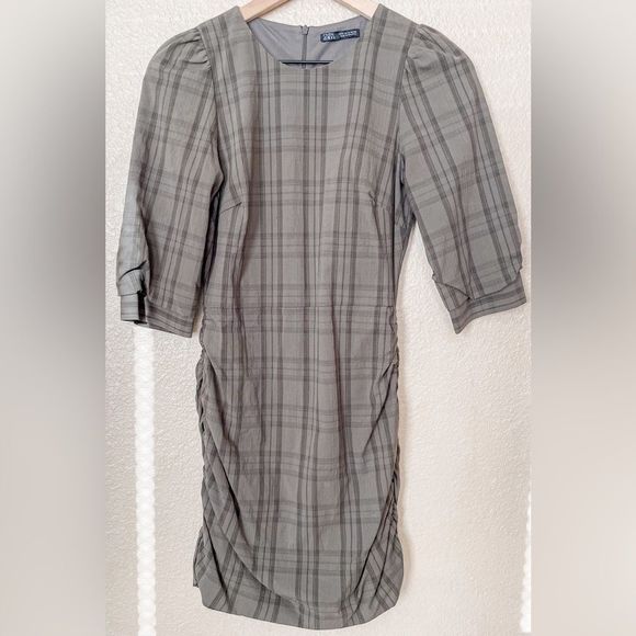 ZARA Bodycon Khaki green Plaid Long Sleeve Mini Dress Sz Small 181/009 - Picture 2 of 8